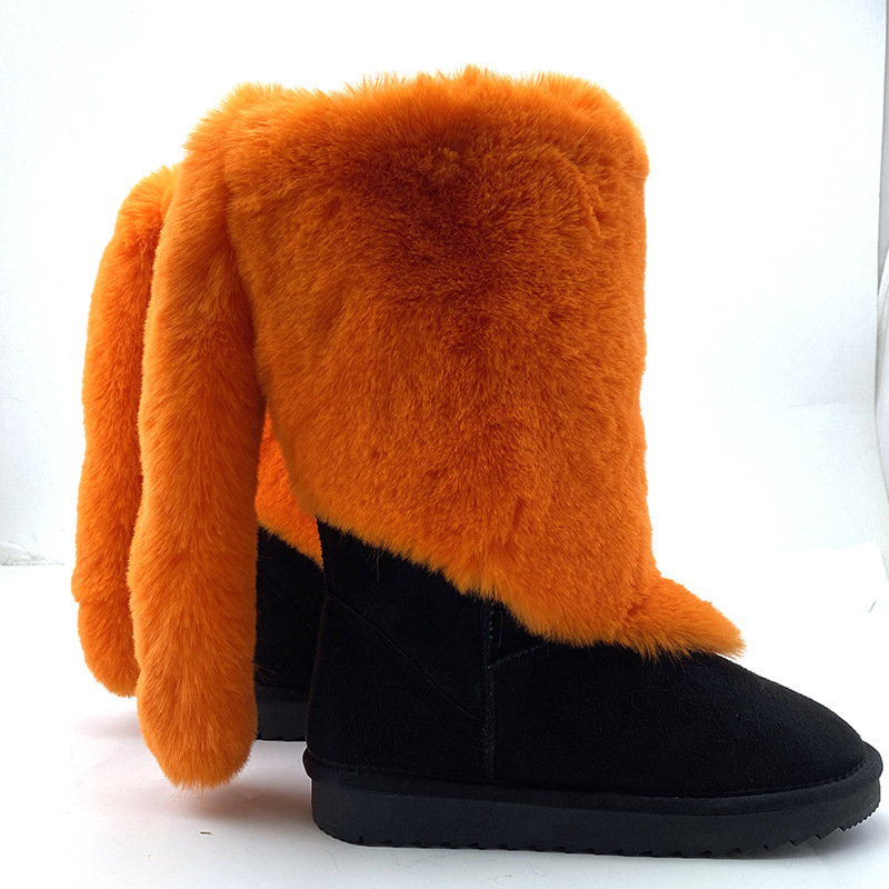 2022 Factory Winter Furry women's shoes Plus size 46 men Slip On warm fuzzy ski fur boots Faux rabbit Fur Snow Boots