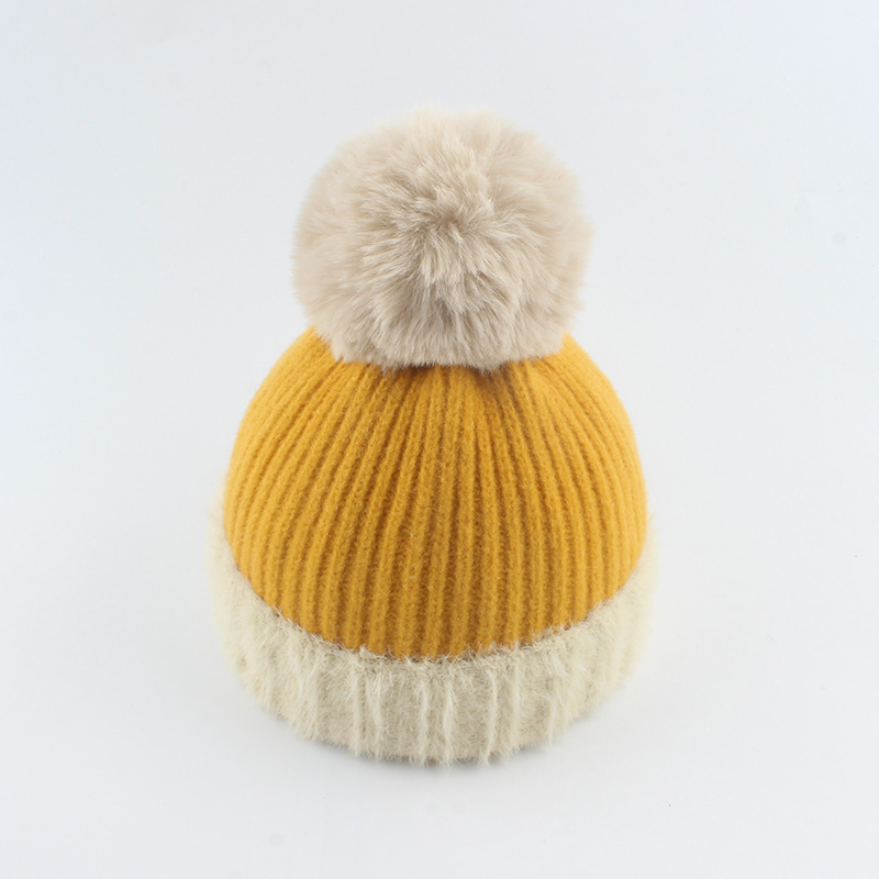 Colorful Fall winter warm rabbit mink fur kids knitted beanie baby hat faux fur pom bobble balls on top babies boys girls hats