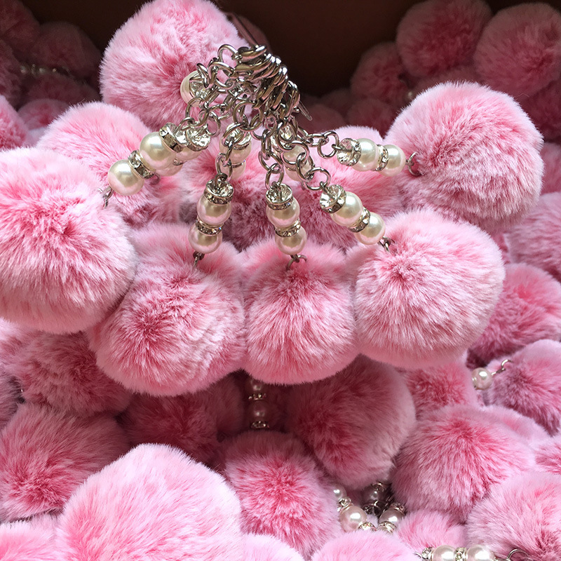 Fluffy Fur Ball Keychains Ponpom Puff keyring With pearl girls plush Fluff Furball key car bag accessory Poms Puffballs Keychain