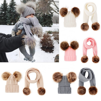 Kids Winter Wool Hats Scarf For Baby Boys Girls Fur Ball Pom Hat O-Collar Scarf Winter Warm Knit Crochet Beanie Hat Scarf Set