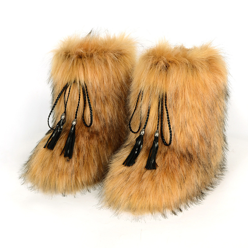 ladies Plus big size 46 Fashion trendy Slip on Warm snow with tassel winter plush fuzzy faux fox fur boots for women