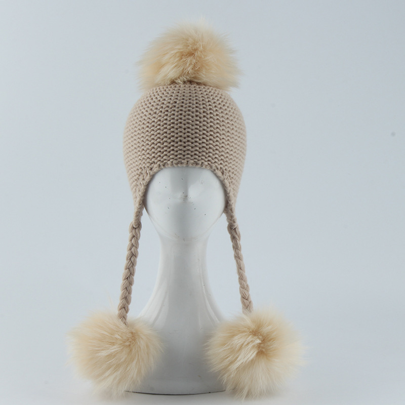 Twist Braids Crochet hat Baby big Raccoon Fur Ball Beanie Kids Pom Poms Fall Winter Knit Hat Child Earflap Knitted Beanies Hats