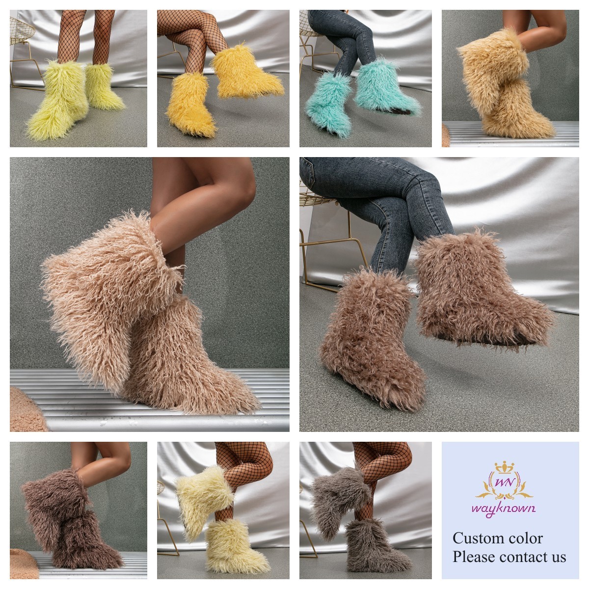 New Luxury Fashion Winter faux long fur Shoes Custom Woman men Home Ankle Snow Boots fluffy mongolian fur snow boots for women