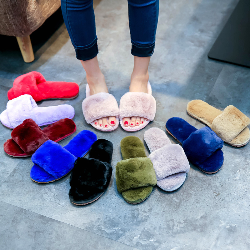 Cheap Wholesale women Fuzzy Slides Fluffy Sandals Faux Fur Flip Flops winter open toe beach indoor house slippers