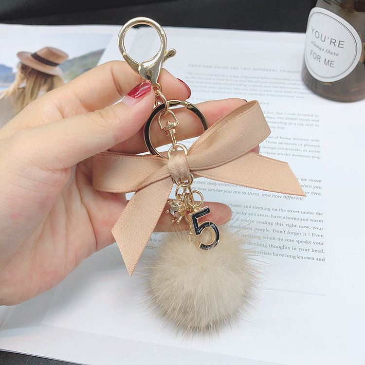 Crystal number Key Rings fuzzy mink Fur Poms Keychains Handbag fluffy ball Charm Jewelry gift keychain Key Holder Accessories