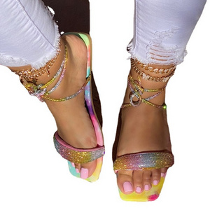 Fashion Crystal Sandals NEW Rainbow shoes For Women Crystal Beach rope cross Sandals Shiny Glitter Summer Flat Slides