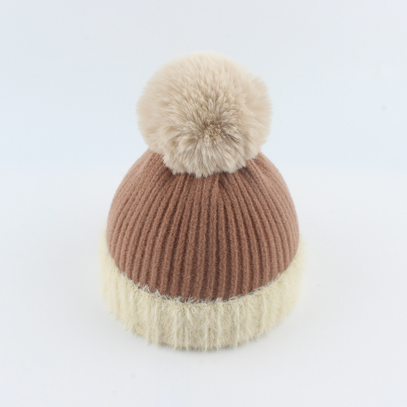 Colorful Fall winter warm rabbit mink fur kids knitted beanie baby hat faux fur pom bobble balls on top babies boys girls hats