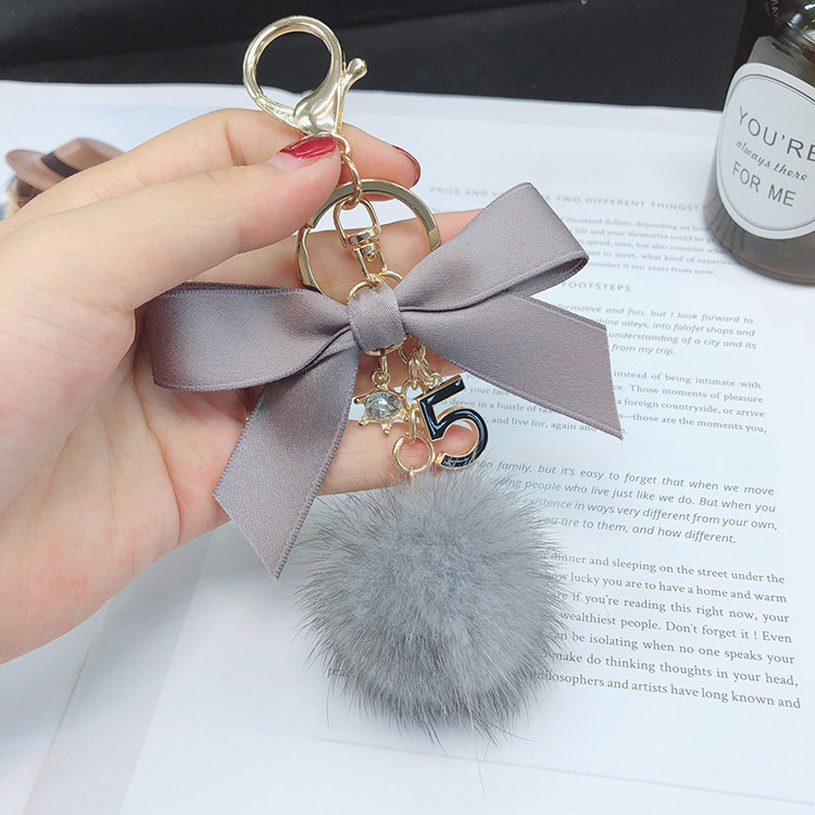 Crystal number Key Rings fuzzy mink Fur Poms Keychains Handbag fluffy ball Charm Jewelry gift keychain Key Holder Accessories