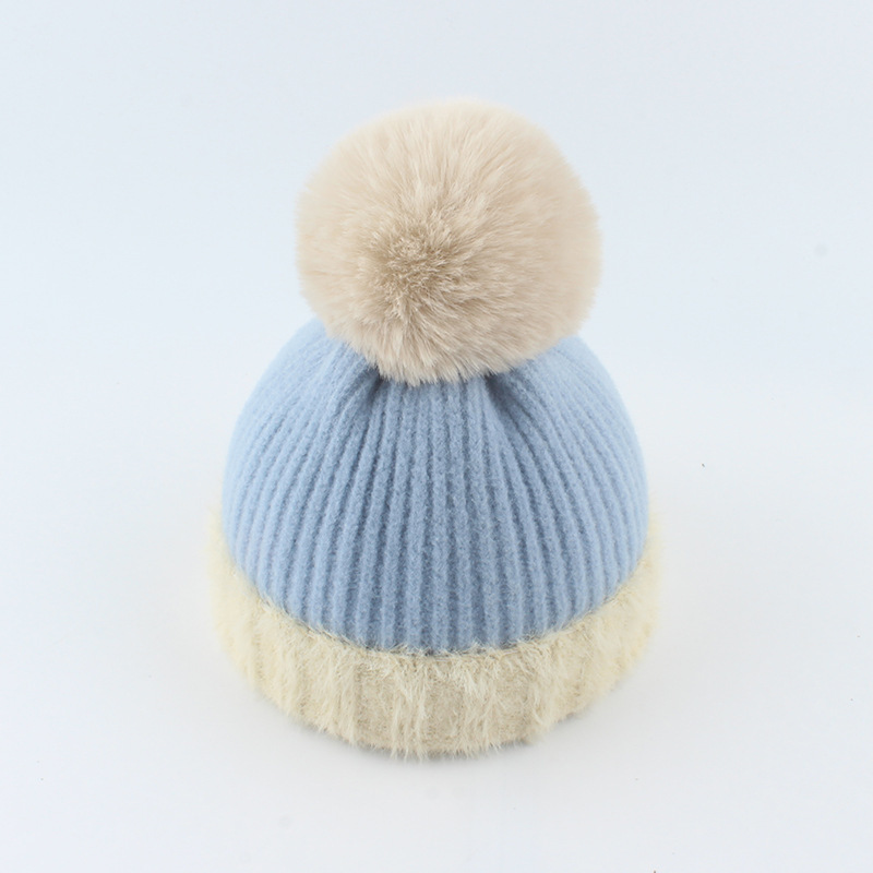 Colorful Fall winter warm rabbit mink fur kids knitted beanie baby hat faux fur pom bobble balls on top babies boys girls hats