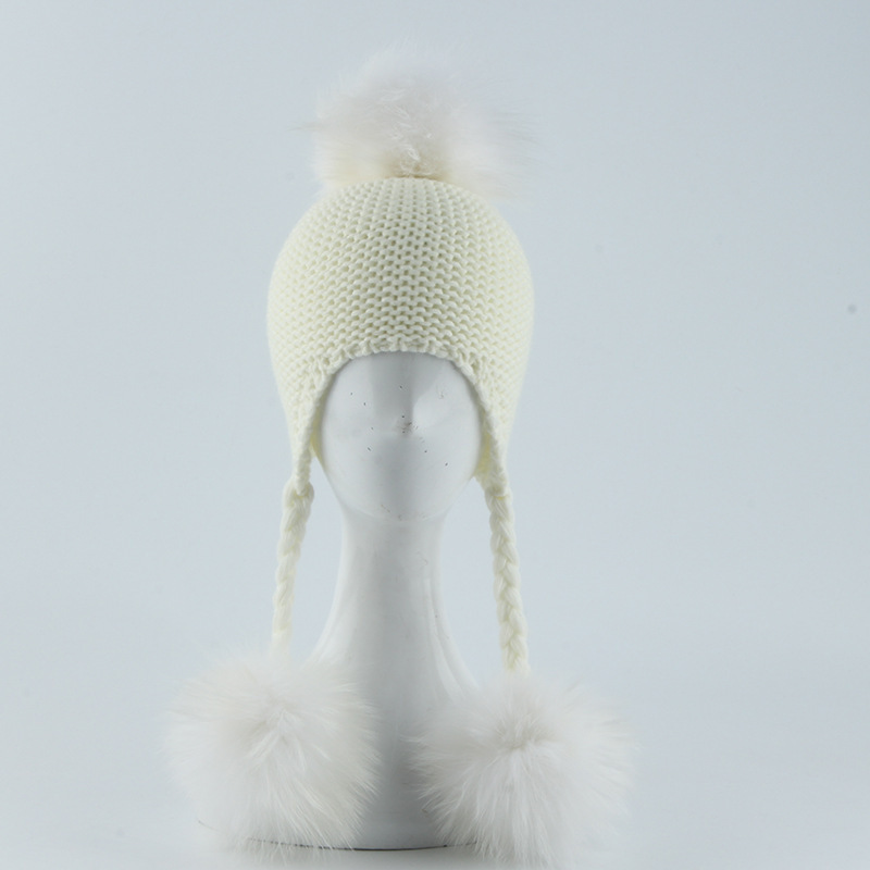 Twist Braids Crochet hat Baby big Raccoon Fur Ball Beanie Kids Pom Poms Fall Winter Knit Hat Child Earflap Knitted Beanies Hats