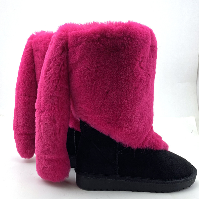 2022 Factory Winter Furry women's shoes Plus size 46 men Slip On warm fuzzy ski fur boots Faux rabbit Fur Snow Boots