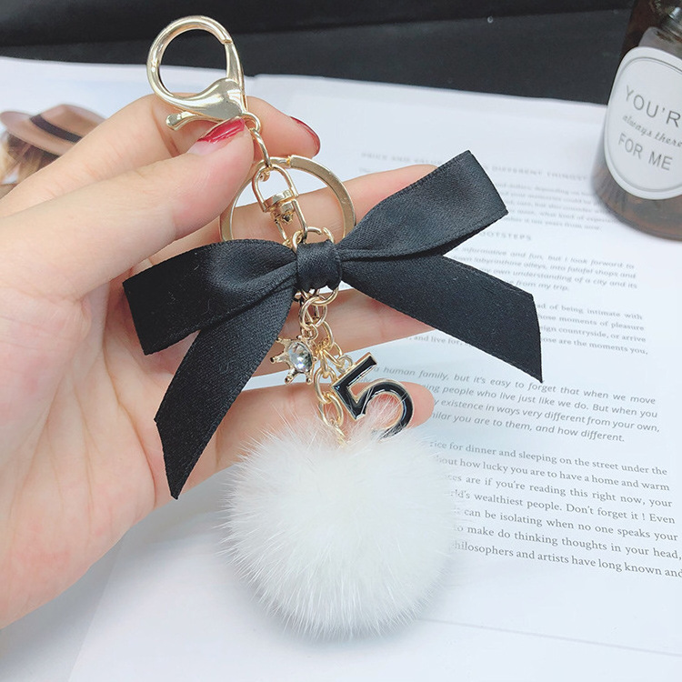 Crystal number Key Rings fuzzy mink Fur Poms Keychains Handbag fluffy ball Charm Jewelry gift keychain Key Holder Accessories