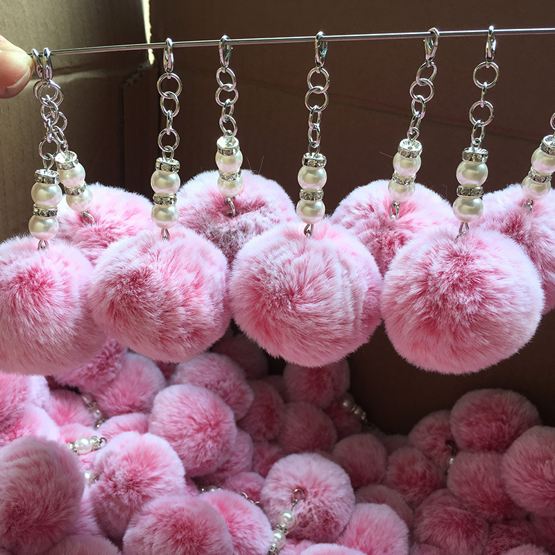 Fluffy Fur Ball Keychains Ponpom Puff keyring With pearl girls plush Fluff Furball key car bag accessory Poms Puffballs Keychain