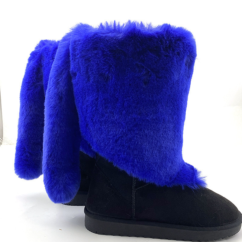 2022 Factory Winter Furry women's shoes Plus size 46 men Slip On warm fuzzy ski fur boots Faux rabbit Fur Snow Boots