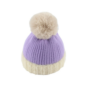 Colorful Fall winter warm rabbit mink fur kids knitted beanie baby hat faux fur pom bobble balls on top babies boys girls hats