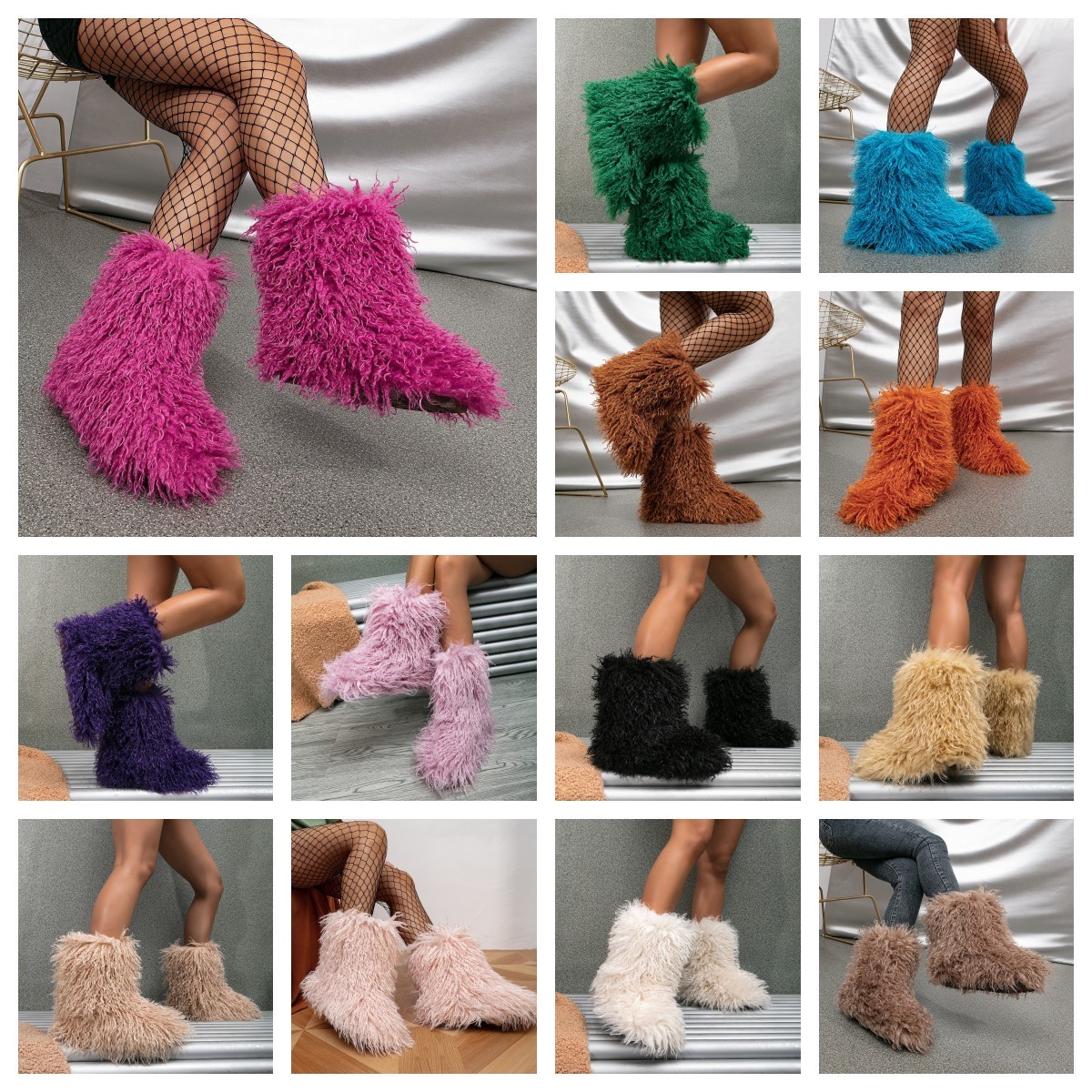 New Luxury Fashion Winter faux long fur Shoes Custom Woman men Home Ankle Snow Boots fluffy mongolian fur snow boots for women