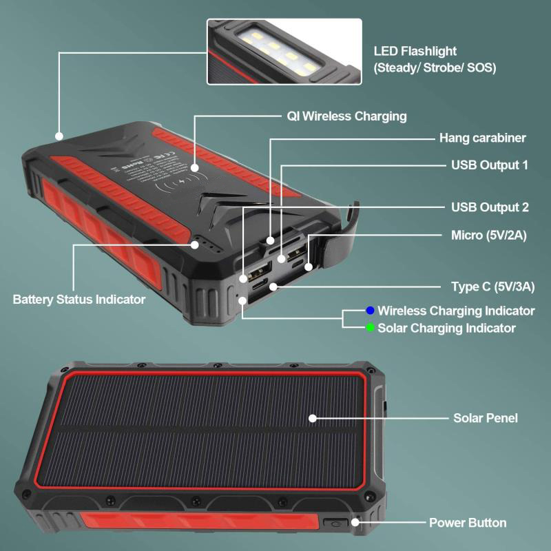 IP67 IPX6 Waterproof Solar Power Bank 36000mah Solar charger waterproof 10000mah 8000mah power bank portable for cell