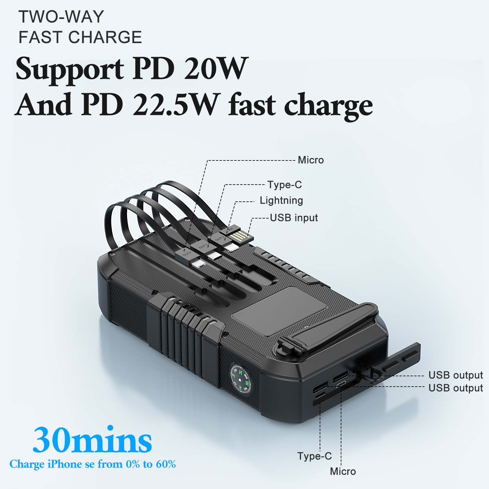 Pd22.5W Solar Power Bank With Hand Crank 40000Mah Portable Solar Charger For Camping Built In Compass Power Bank With Cables