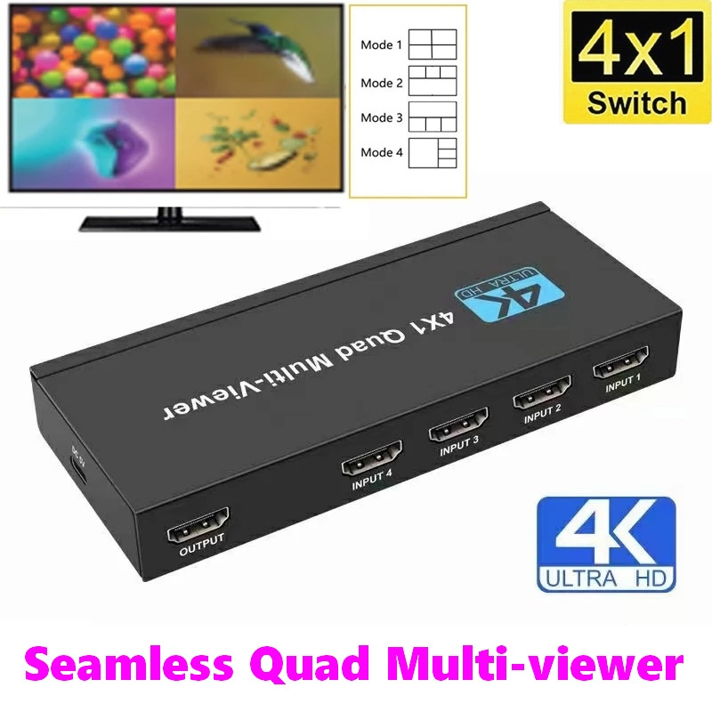 4K HDMI 4X1 Seamless Quad Multi-viewer Switcher 4 in 1 Out HDMI Quad Multi-Viewer Switch with IR Control