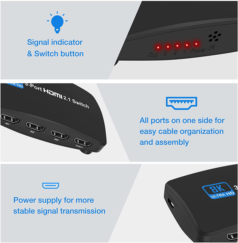 8K@60hz 4K@120hz HDMI Switch 3x1 8K HDMI 2.1 Switcher adapter 3 in 1 Out Hdmi2.1 switcher Converter For PS4 PS5 HDTV Projecto