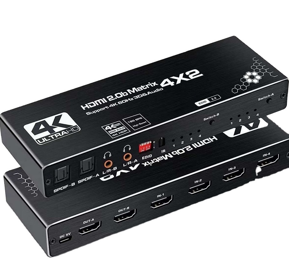 4K@60Hz EDID HDMI Matrix 4x2 Switch Splitter Support HDCP 2.2 Remote Control HDMI Switch 4x2 Spdif 4K Dual HDMI audio separation