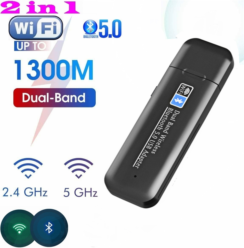 2 in 1 USB 3.0 WiFi Bluetooth Adapter, 1300Mbps Dual Band 2.4/5Ghz Wireless Network card Receiver Mini WiFi Dongle 5dBi Antenna