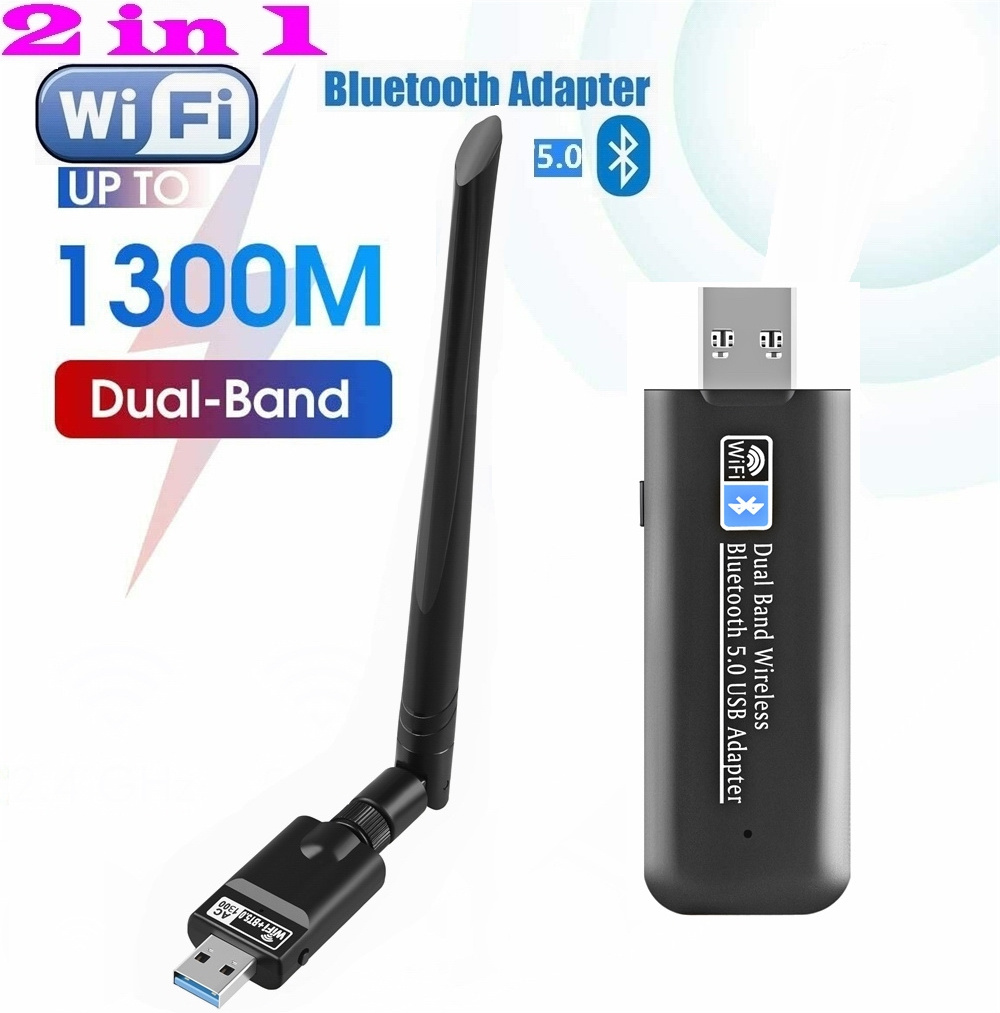 2 in 1 USB 3.0 WiFi Bluetooth Adapter, 1300Mbps Dual Band 2.4/5Ghz Wireless Network card Receiver Mini WiFi Dongle 5dBi Antenna