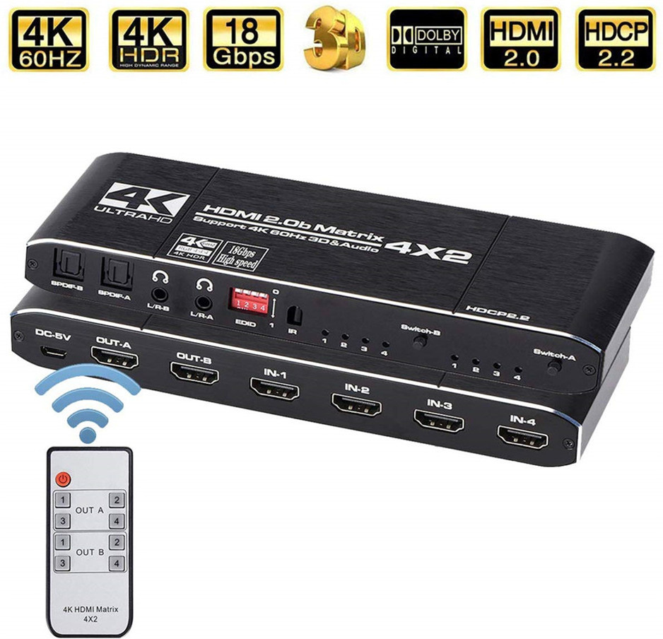 4K@60Hz EDID HDMI Matrix 4x2 Switch Splitter Support HDCP 2.2 Remote Control HDMI Switch 4x2 Spdif 4K Dual HDMI audio separation