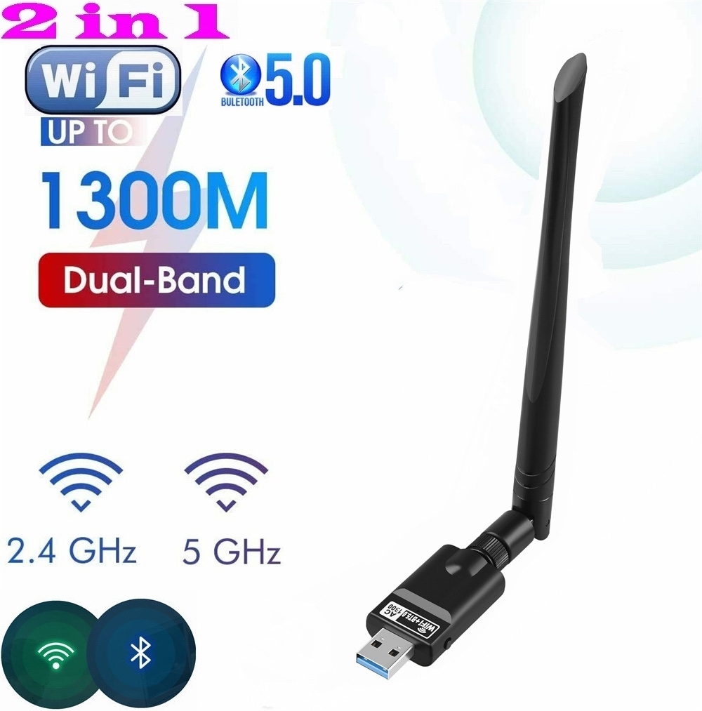 2 in 1 USB 3.0 WiFi Bluetooth Adapter, 1300Mbps Dual Band 2.4/5Ghz Wireless Network card Receiver Mini WiFi Dongle 5dBi Antenna