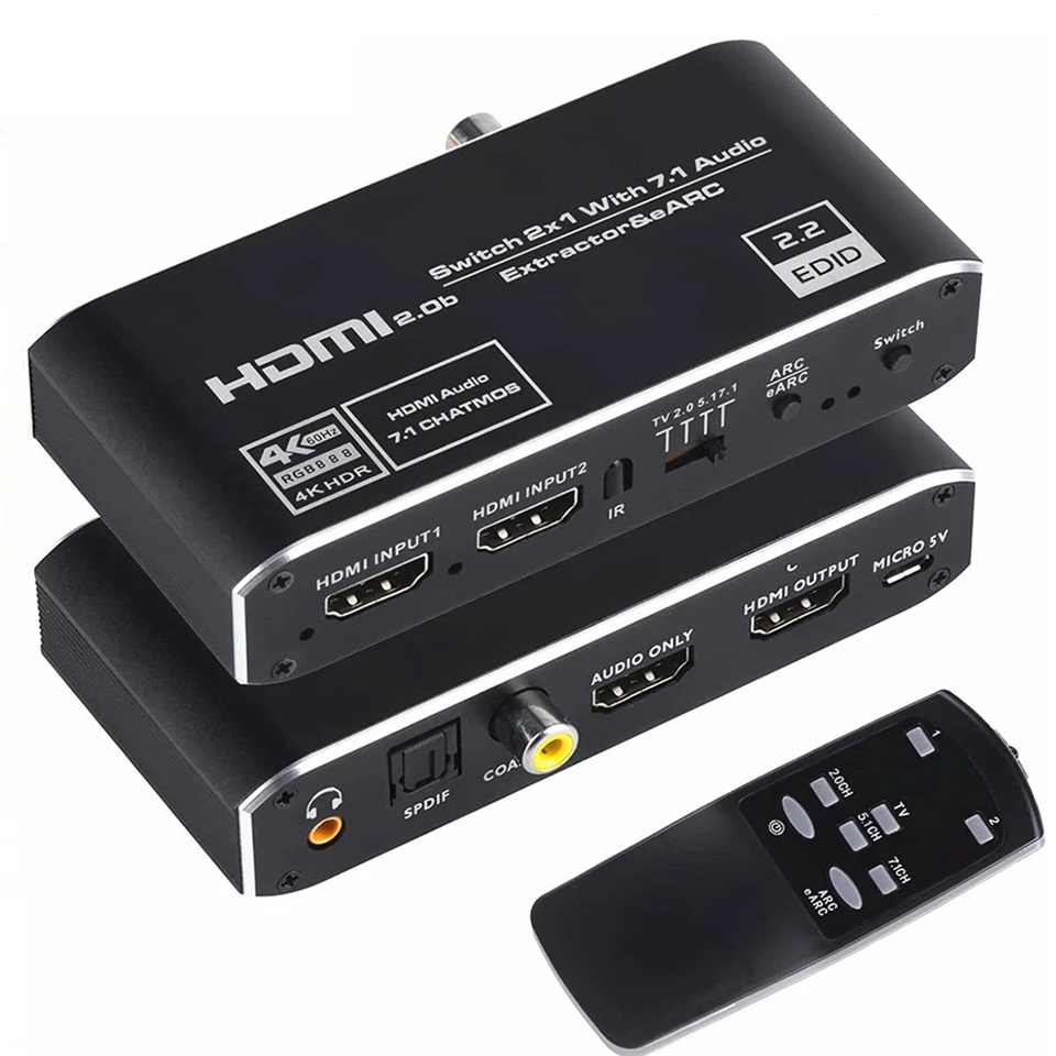 2x1 4K 120Hz HDMI Switch eARC Audio Extractor ARC Optical Toslink HDMI 2.0 Switch 4K 60Hz HDMI Switcher Remote for Apple TV