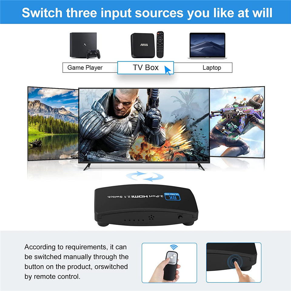 8K@60hz 4K@120hz HDMI Switch 3x1 8K HDMI 2.1 Switcher adapter 3 in 1 Out Hdmi2.1 switcher Converter For PS4 PS5 HDTV Projecto