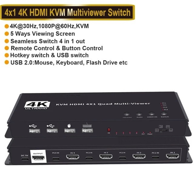 KVM HDMI 4x1 Multiviewer Switch 4K HDMI KVM 4 In 1 Out Seamless Quad Multi-viewer Video Cutting segmentati Switcher For 4 PC