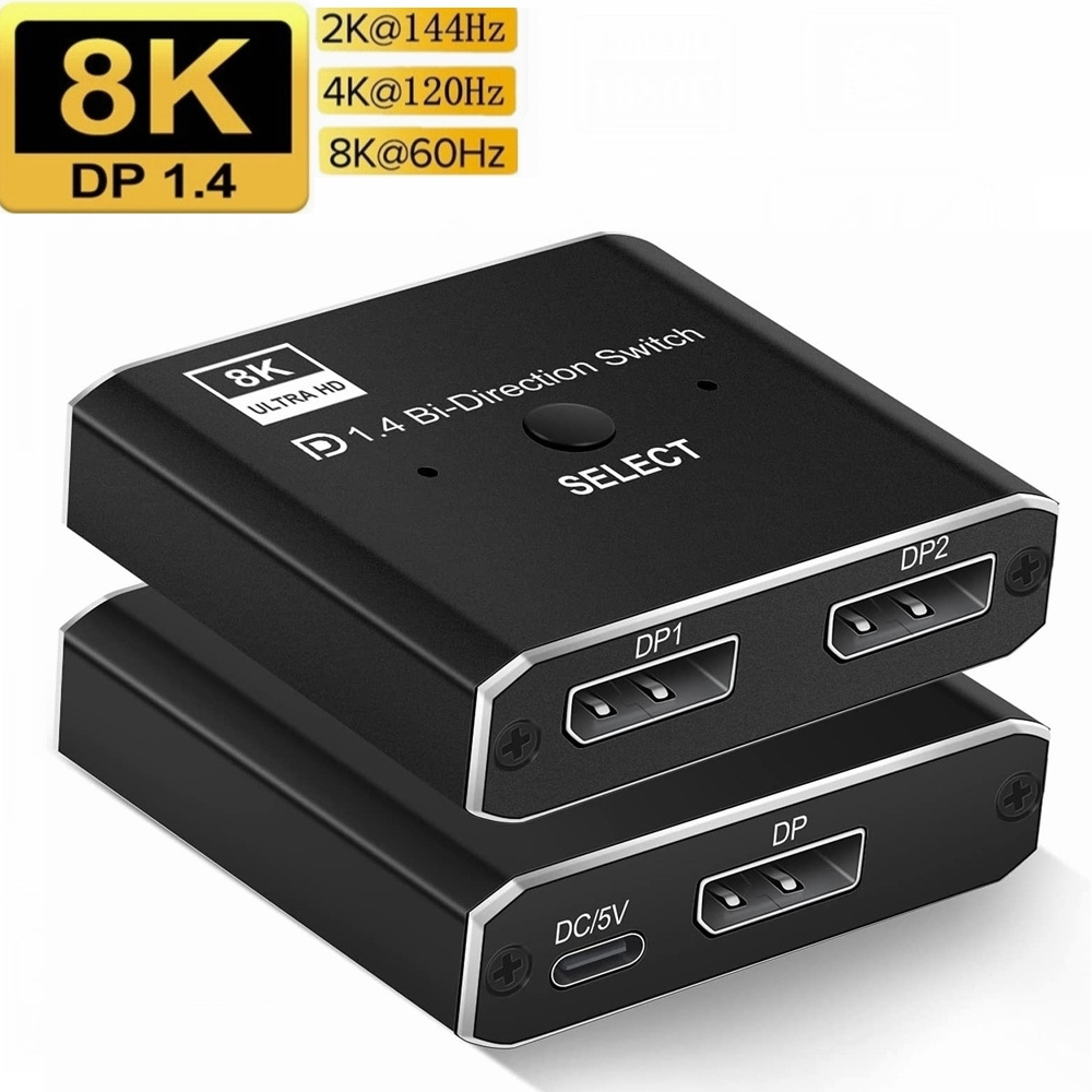 2X1 Displayport KVM Switch 8K@30Hz 4K@120Hz Manual DP Bi-direction Switcher 2 in 1 Out for Computer Monitor Projector TV