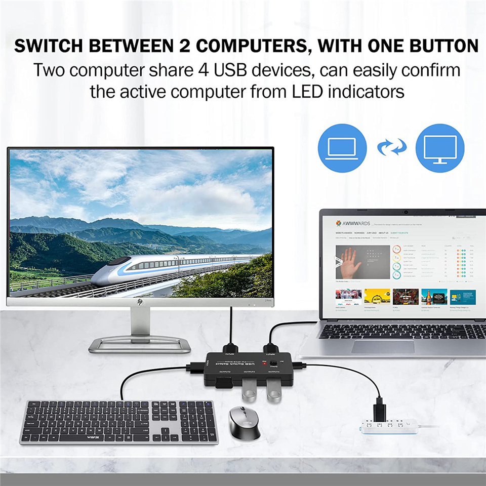 USB KVM Switch USB 2.0 Switcher KVM Switch for Windows10 PC Keyboard Mouse Printer 2 PCs Sharing 4 Devices USB Switch