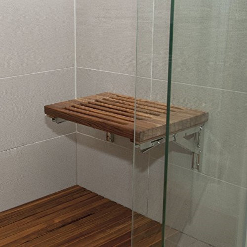 Teak Wall Mount Slatted Folding Shower Seat with Stainless Steel Trim