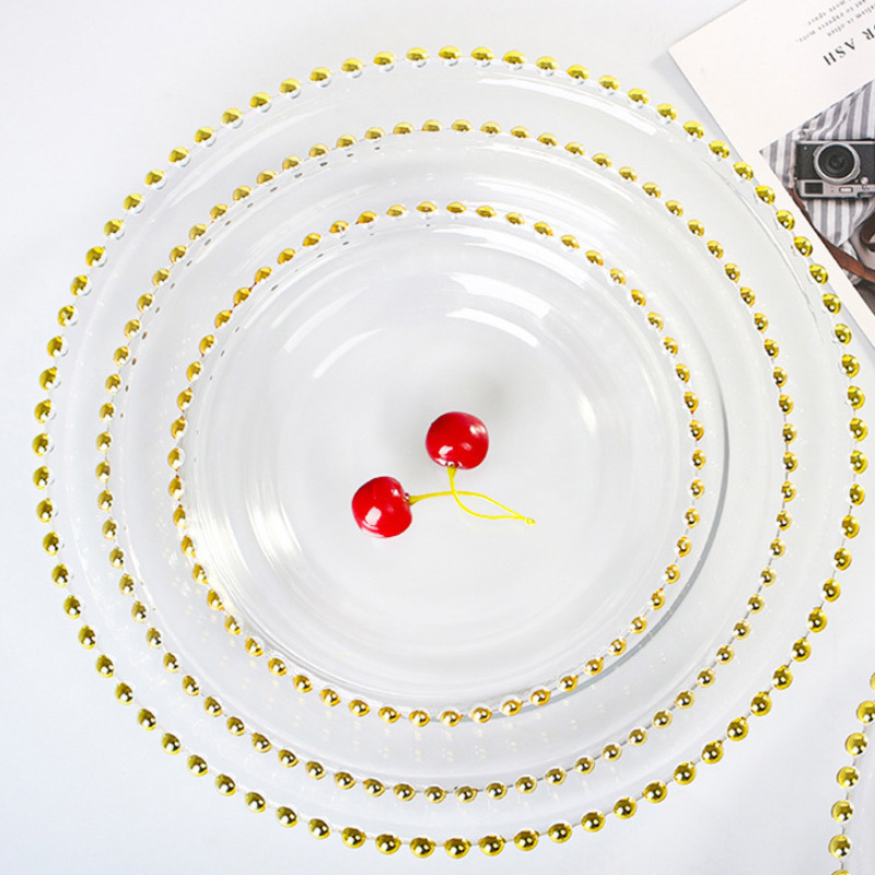 oem bulk Transparent Elegant Beaded pearl gold beaded clear party restaurant dinner charger plates with gold rim