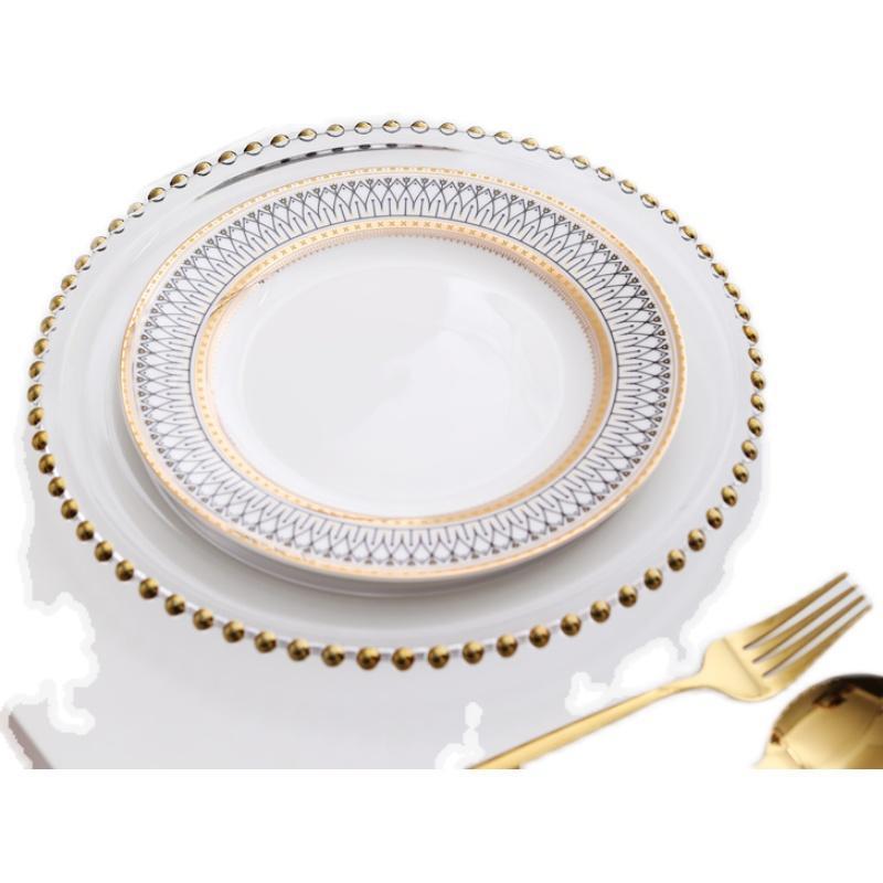 oem bulk Transparent Elegant Beaded pearl gold beaded clear party restaurant dinner charger plates with gold rim