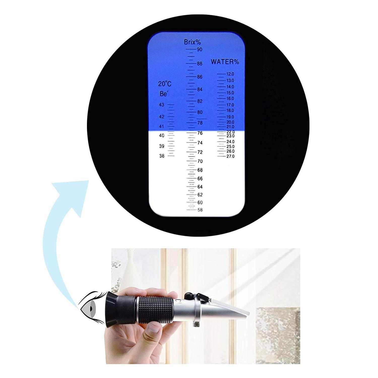 Tri-Scale 58-90%/12-27%/38-43Be Honey Refractometer Brix/Moisture/BeTester Meter Sugar Water Content Level