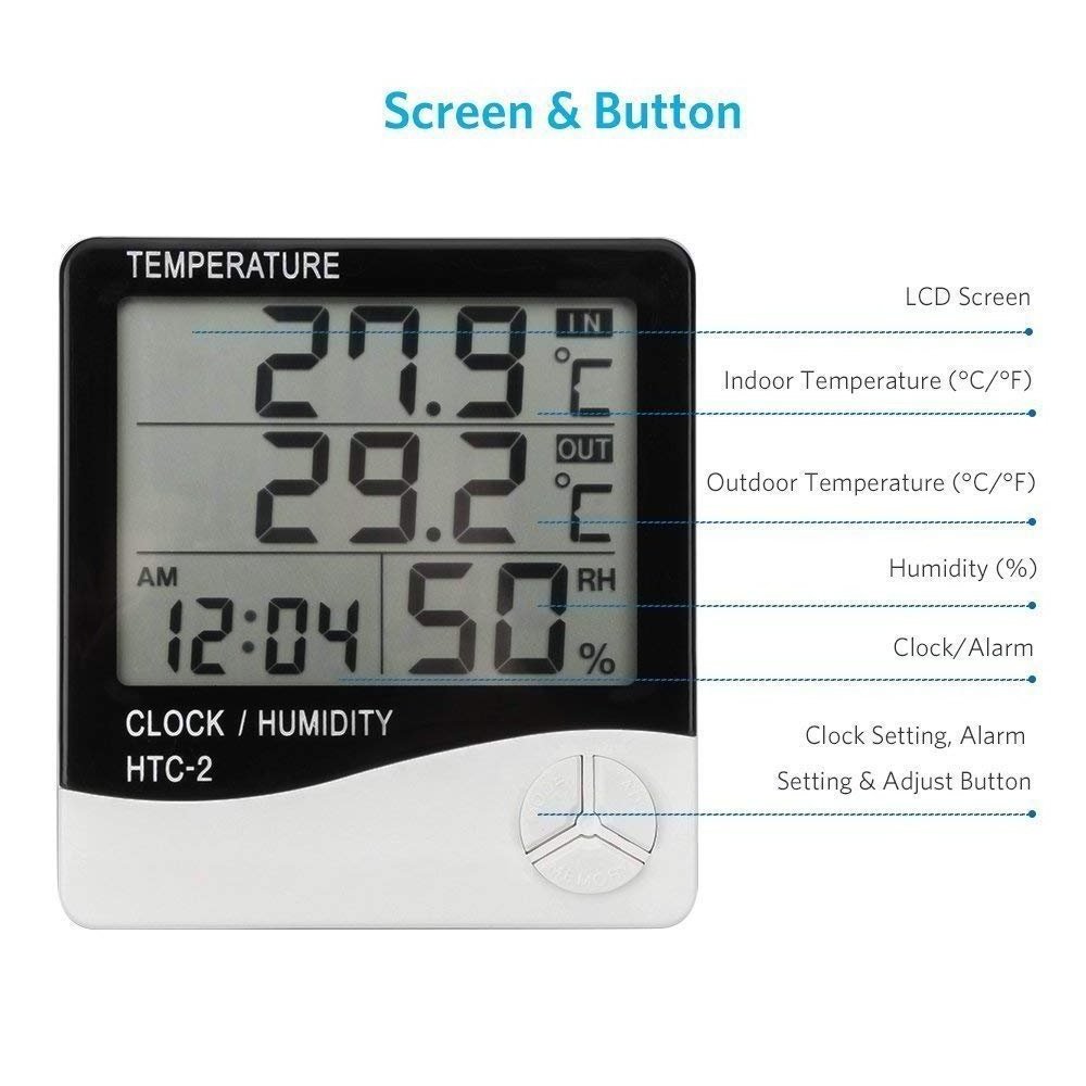 HTC-2 Digital Clock Thermometer Hygrometer LCD Display Electronic Temperature Humidity Meter