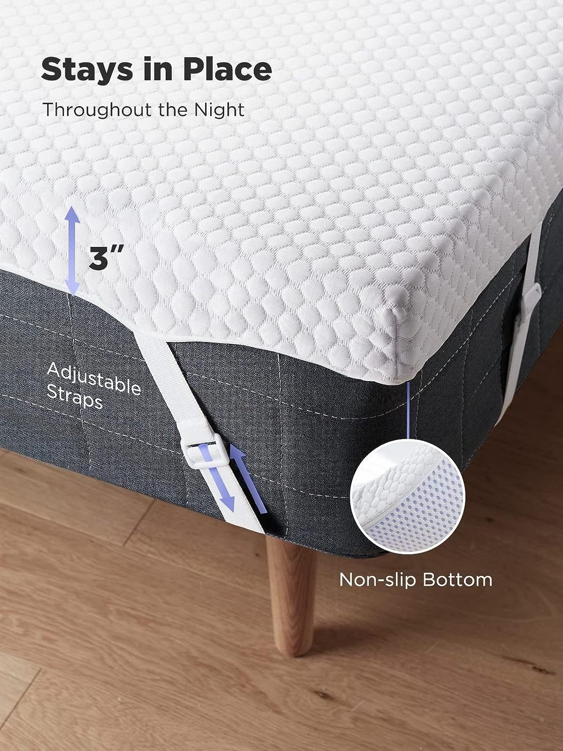 Non-Slip Design 3 Inch Gel Memory Foam Mattress Topper for Pressure Relief