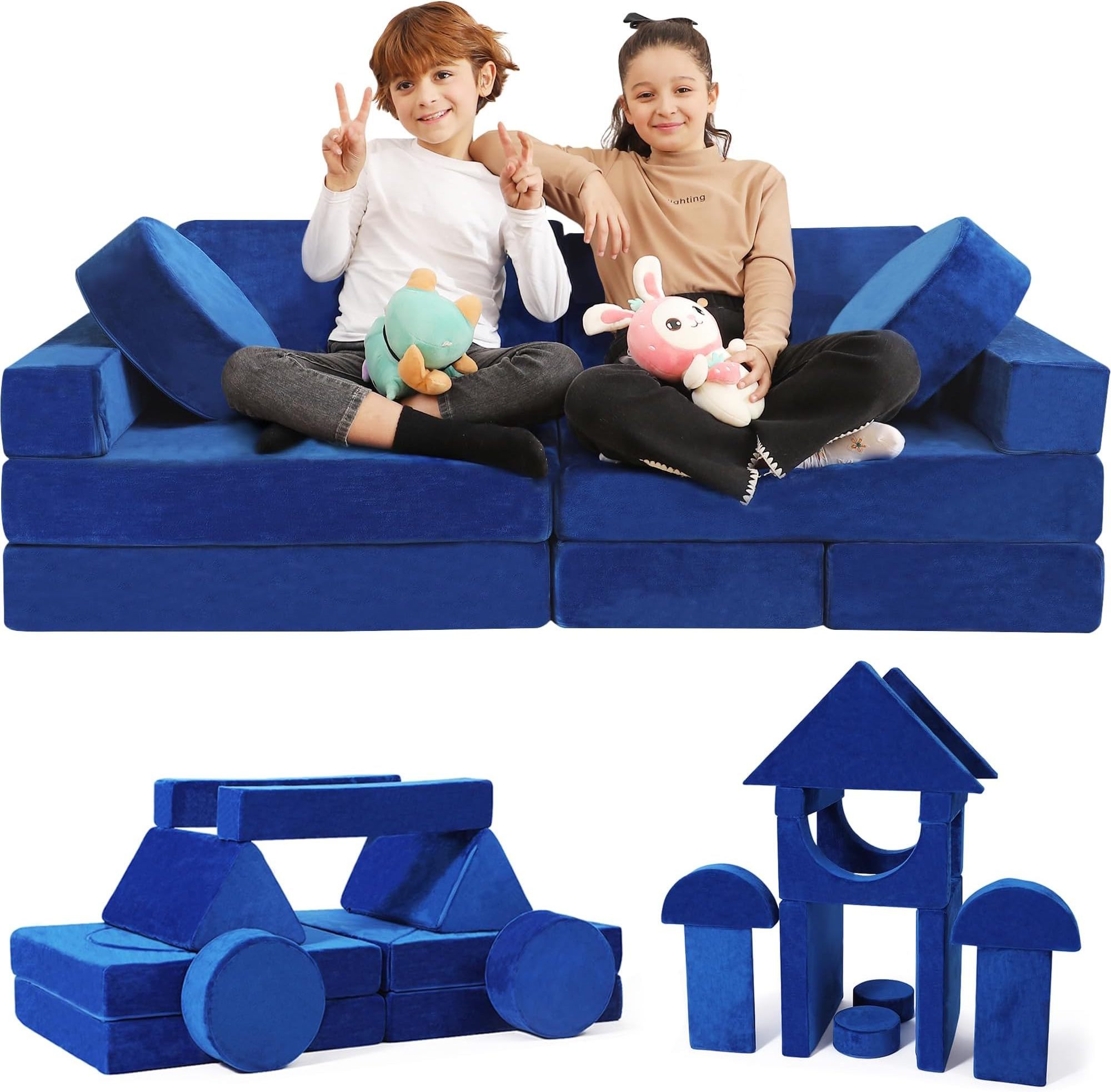 Convertible Soft Foam Sofa Cushions Diy Kids Couch 14 PC Modular Kids Play Couch Set