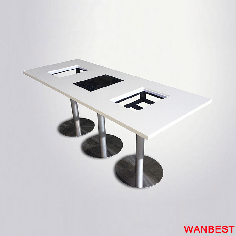 High Gloss White Marble Top 6 Person Coffee Shop Restaurant Hot Pot Dining Room Table with Grill