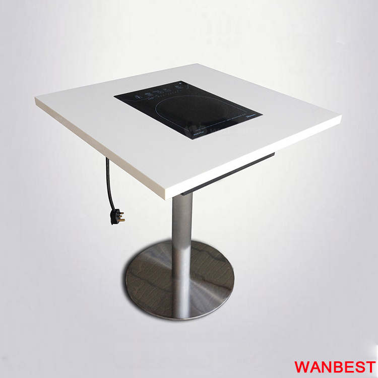 High Gloss White Marble Top 6 Person Coffee Shop Restaurant Hot Pot Dining Room Table with Grill