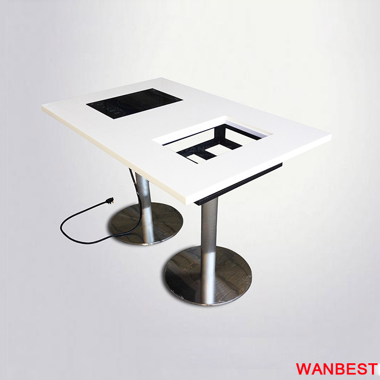 High Gloss White Marble Top 6 Person Coffee Shop Restaurant Hot Pot Dining Room Table with Grill