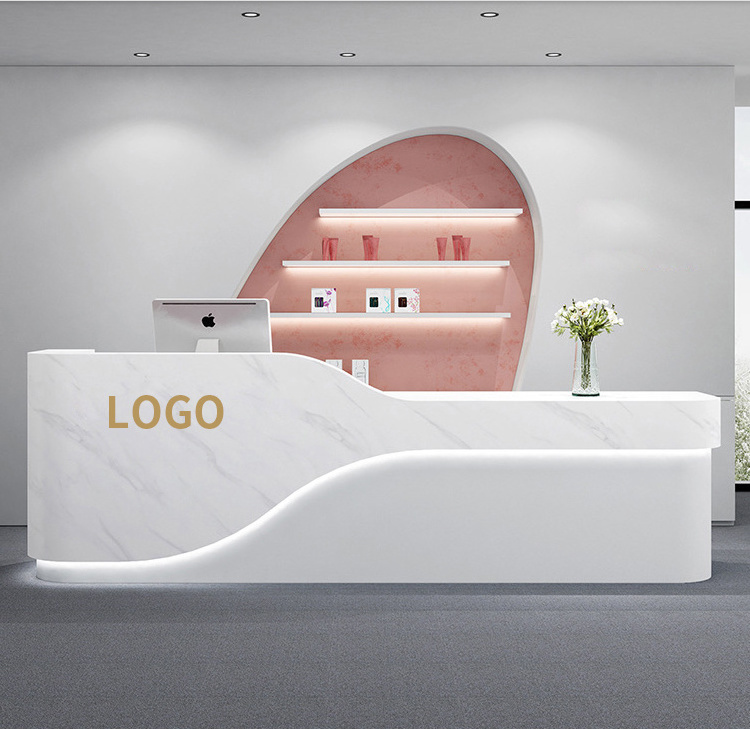 Custom Logo White And Blue Hotel Lobby Front Desk Reception Salon Reception Podium Desk