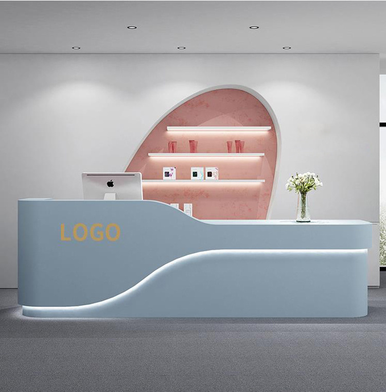 Custom Logo White And Blue Hotel Lobby Front Desk Reception Salon Reception Podium Desk