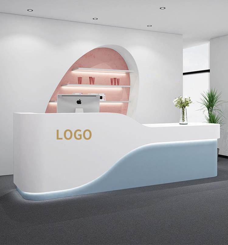 Custom Logo White And Blue Hotel Lobby Front Desk Reception Salon Reception Podium Desk