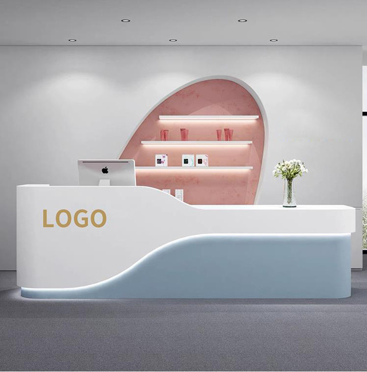 Custom Logo White And Blue Hotel Lobby Front Desk Reception Salon Reception Podium Desk