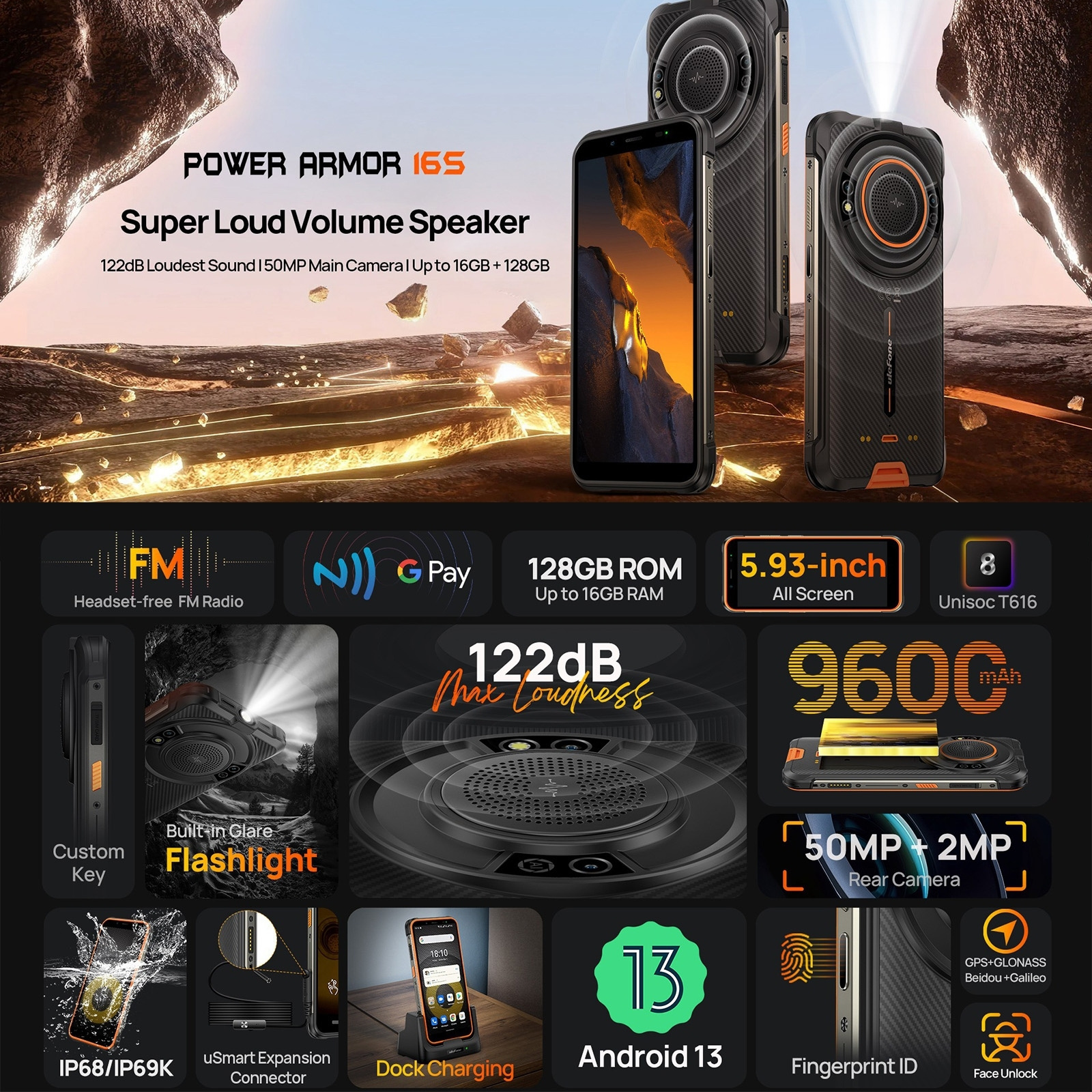 Ulefone Armor 16S Rugged cellphone 9600mAh Battery Power Loud Speaker 122dB NFC Dock Charge 5.93 inch Outdoor Smart Rugged Phone