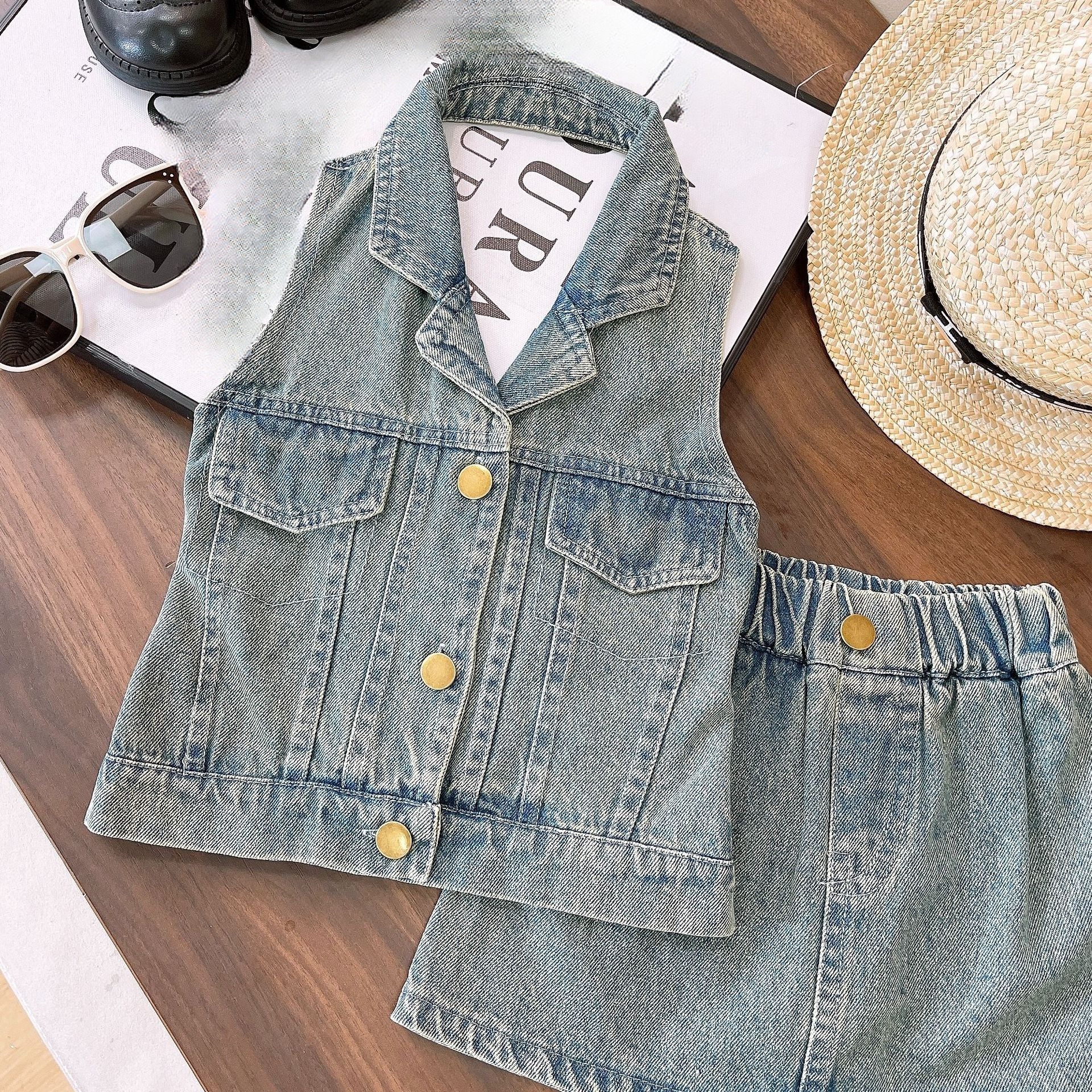 2024 New Fashion Summer Sleeveless Denim 2pcs Suits Sweet Girls Dress Clothes Sets